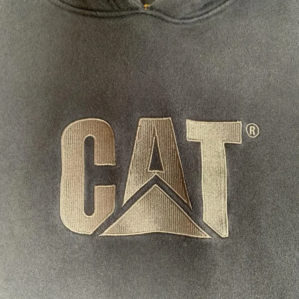 CAT Hoodie Mens XL Black Pullover Fleece Kangaroo Pocket Logo Workwear Graphic
